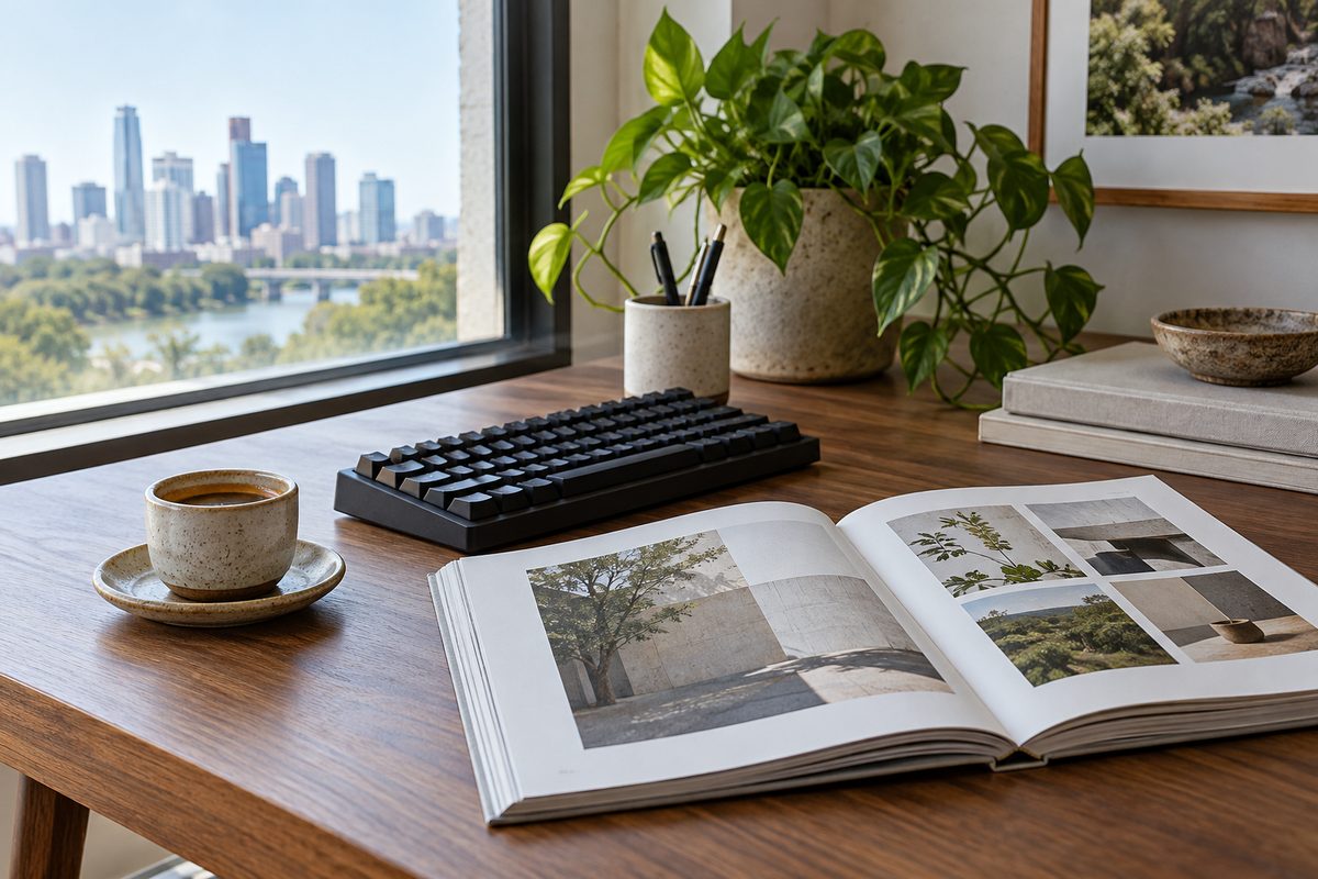 Minimalist studio work desk with mechanical keyboard and opened book on typography