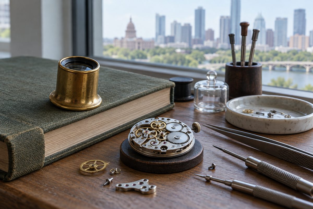Watchmaker brass loupe and precision mechanical gears beside bound portfolio volume