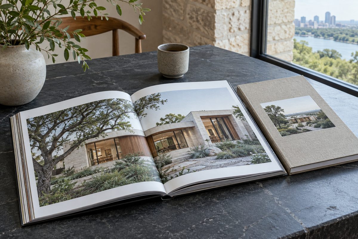 Architectural monograph portfolio publication spread flat on slate table