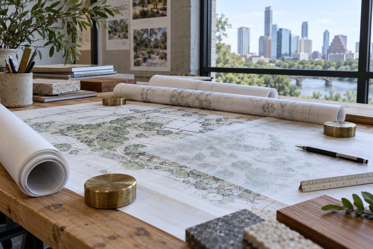 Landscape architecture blueprint drawings held with brass cylindrical paperweights